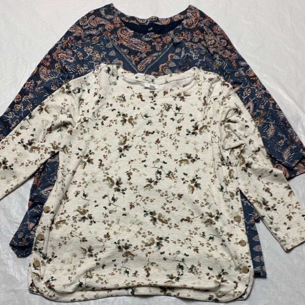 J Jill Lot Of 3 Floral Paisley Print Lagenlook Tops Blue Supima Cotton XL/L
